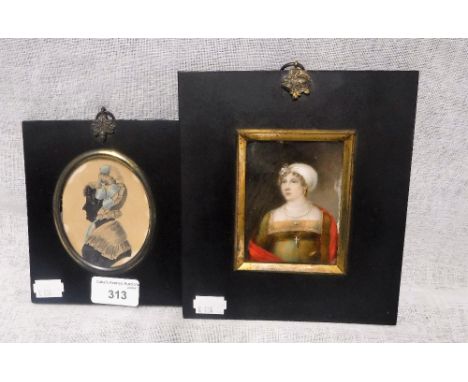 AN EARLY 19TH CENTURY PORTRAIT MINIATURE OF A YOUNG WOMAN with a head scarf wearing pearls, with original black frame and a 1