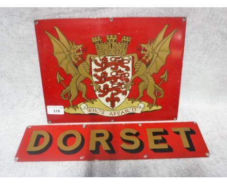 DORSET FIRE BRIGADE; A 1980S SIGN FROM A FIRE ENGINE, with crest 'Who's Afear'd' and a 'DORSET' sign