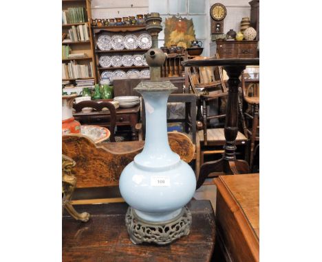 A LATE 19TH CENTURY BLUE OPAQUE GLASS TABLE LAMP with brass fittings