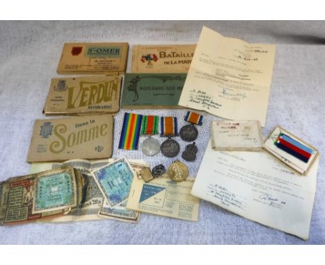 A COLLECTION OF FIRST WORLD WAR MEDALS, with ribbons, and some related paperwork, a collection of French postcards, including