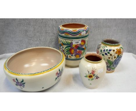 POOLE POTTERY: A TRADITIONALLY DECORATED VASE, 8" high, two smaller and a bowl, 9.5" dia (4)