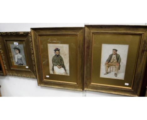 AN EDWARDIAN WATERCOLOUR PORTRAIT of a woman wearing glasses and a straw boater and two similar watercolours of working class