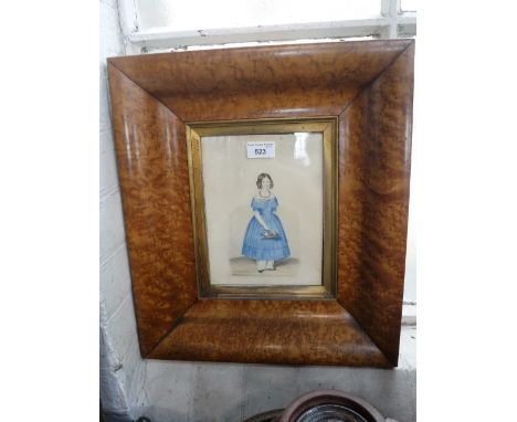 A 19TH CENTURY WATERCOLOUR PORTRAIT OF A YOUNG GIRL in a blue dress holding a basket of flowers, in a heavy ogee maple frame