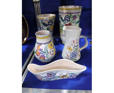 POOLE POTTERY: A TRADITIONAL HAND PAINTED VASE, 10.5" high and similar ceramics (5)