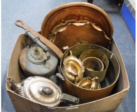 A COPPER SAUCEPAN, a silver plated teapot and similar  metalware