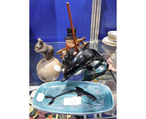 POOLE POTTERY: A Dolphin, 4.5" high, a similar dish and a Field Mouse on an apple and a Hummel Chimney Sweep, 5.5" high