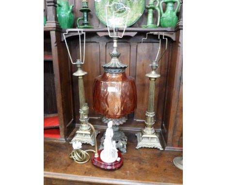 A FALKENSTEINS LAMP, two Corinthian table lamps and a Capo-di-Monte table lamp, designed as a lady with a Greyhound