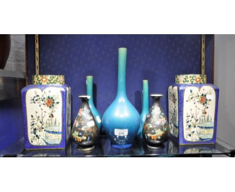 AN ORIENTAL BLUE GLAZED BOTTLE VASE, 12" high, two similar, a pair of English ceramic lidded containers, in the Oriental styl