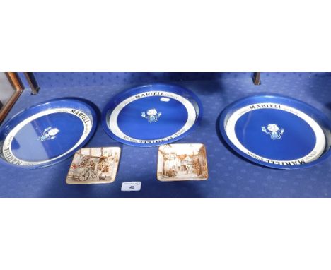 THREE VINTAGE ADVERTISING TRAYS 'Cognac, Martell Brandy' and two New Hall transfer decorated pin dishes