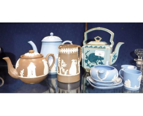 A LATE 19TH CENTURY ASHWORTH POTTERY TEAPOT, decorated with gilt highlights and a collection of Wedgwood jasperware ceramics