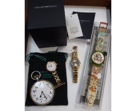 EMPORIO ARMANI AR6031 LADIES TASSIO WATCH and a Swatch wristwatch, large open-face pocket watch and a nurse's Rotary watch