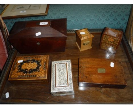 AN INLAID BRIDGE CARD BOX and a green velvet-lined tea caddy and other boxes
