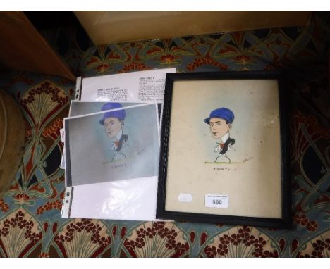A 20TH CENTURY CARICATURE OF JACK SIRETT, the jockey, signed B Villiers, gouache