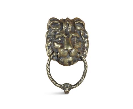 A BRASS LION MASK DOOR KNOCKER, 19TH CENTURY, with rope-cast ring knocker with lion head, 19cm x 11cm