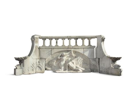 A MONUMENTAL NEO-CLASSICAL WHITE-MARBLE FOUNTAIN BALUSTRADE, of architectural form, the central section centred by shaped col