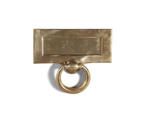 A FINE 19TH CENTURY BRASS RECTANGULAR LETTER BOX PLATE, with ring handle knocker, 23cm wide