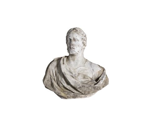A CARVED WHITE MARBLE BUST OF DOMITIAN CAESAR, 18TH CENTURY, head and shoulders, with classical drapery with armour beneath, 
