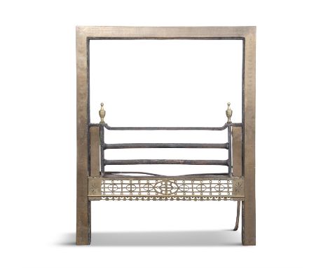 AN IRISH GEORGE III BRASS AND IRON FRAME FIRE GRATE, the brass guard engraved with urns and fruiting bellflowers, with urn fi