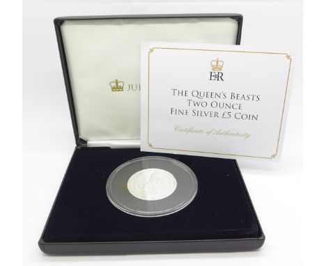 A Jubilee Mint The Queen's Beasts two ounce fine silver £5 coin, White Horse of Hanover, 999.9/1000 fine silver with Certific