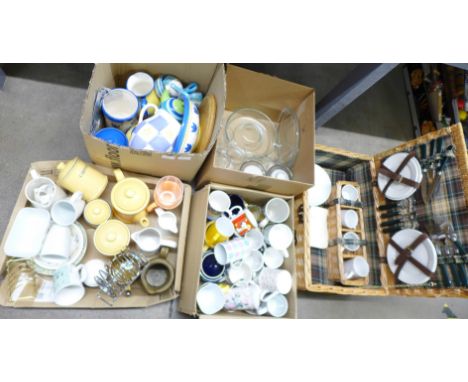 Four boxes of mixed glass and china and a picnic hamper, etc. **PLEASE NOTE THIS LOT IS NOT ELIGIBLE FOR POSTING AND PACKING*