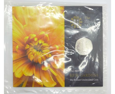 The Royal Mint, The 2009 UK Kew Gardens 50p Brilliant Uncirculated Coin, (in packet and sealed bag) 