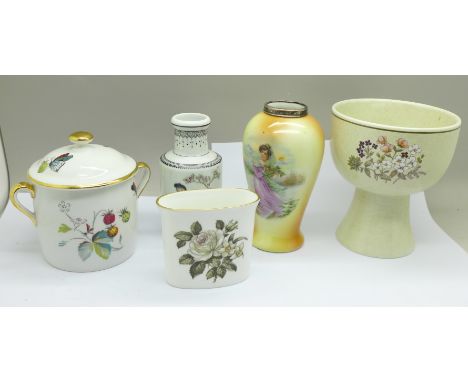 A silver mounted vase, a Chinese vase, a Royal Worcester lidded pot and posy vase and a Royal Doulton bowl 