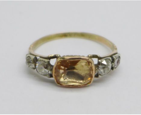 A Georgian topaz and diamond five stone ring mounted in high carat gold and silver settings, 1.8g, N 