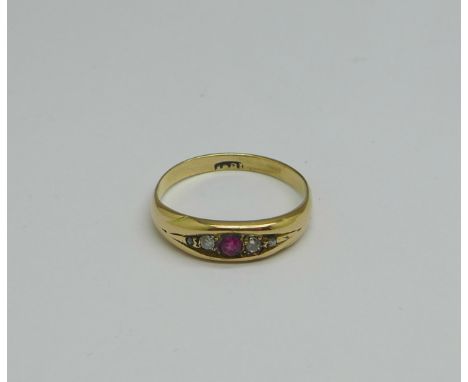 An 18ct gold, ruby and diamond ring, 2.3g, L 