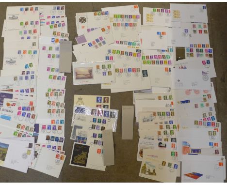 A box of GB definitive First Day Covers, £, s and d and decimal, includes high values and regionals (145 covers) 