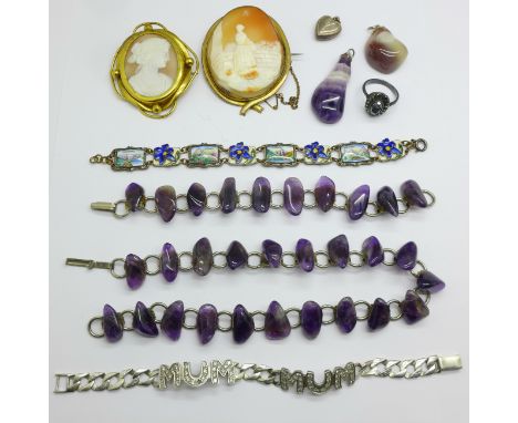 Two cameo brooches, a silver 'Mum' bracelet, a/f, an enamel tourist souvenir bracelet, etc. 