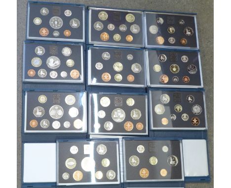 Coins; eleven United Kingdom Proof Coin Collection by The Royal Mint, 1989 to 1999 