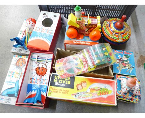 Vintage toys; 2x Steady Eddie Balancing Games, a Japanese wind up toy, Dwarf Rider, a Marx Under 'N' Over game, Jolly Jalopy,