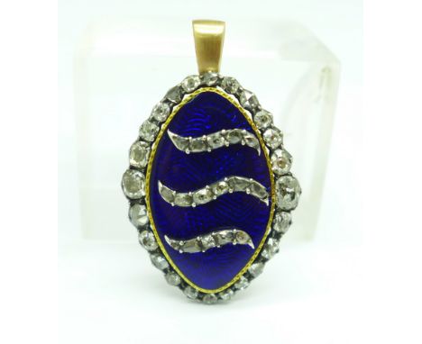 A 19th Century blue enamel and diamond set pendant, set with forty diamonds, 24mm x 32mm, (possibly with later added back and