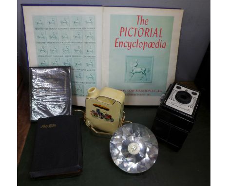 A Coronet Ambassador camera, a novelty spirit flask, two Bibles including a 1953 Commemorative issue by NCC Education Committ