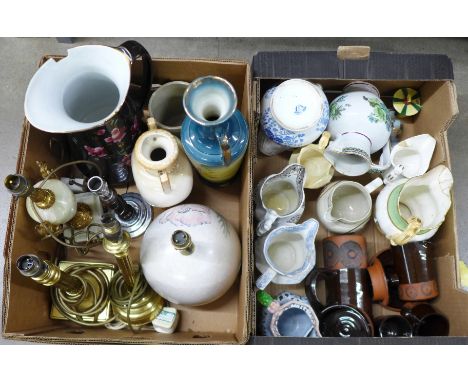 Two boxes of china; water jugs, vases, four table lamp bases and stoneware, etc. **PLEASE NOTE THIS LOT IS NOT ELIGIBLE FOR P