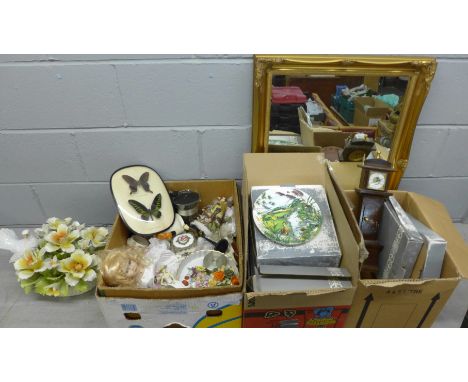 Three boxes of assorted decorative items including Wedgwood Country Panorama collectors  plates, an Italian centrepiece, pink