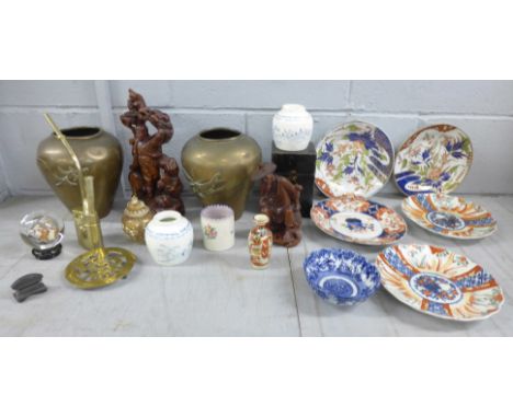 Five oriental plates, two carving, a tin tea caddy, a pair of Japanese bronze vases, a/f, (one lacking bottom), a blue bowl, 