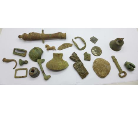 A collection of metal detecting finds including bronze 