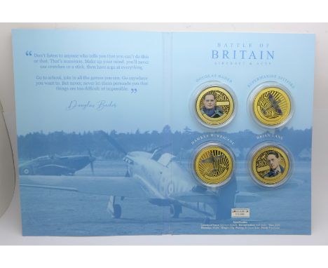 A Jubilee Mint four coin collection, Battle of Britain Aircraft &amp; Aces, 24ct gold plated, finish proof like, Solomon Isla