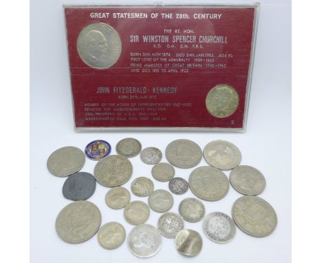 A two coin set, Great Statesmen of The 20th Century, Churchill and Kennedy, and a collection of other coins, (enamelled Victo