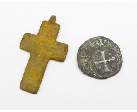 A Crusader coin, circa 1250, and a medieval cross 