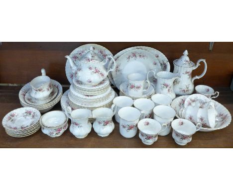 A collection of Royal Albert Lavender Rose dinnerware and teaware; six dinner plates, six 20.5cm plates, six 18cm plates, six