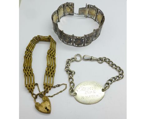 A Siam sterling silver Niello bracelet, a silver ID bracelet and a rolled gold gate bracelet, silver weight 54.5g, (RG bracel