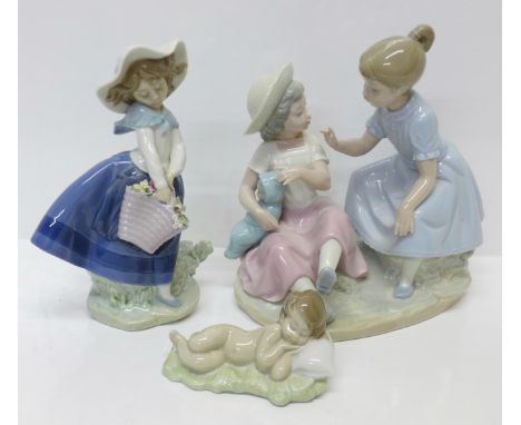 Two Lladro figures and a Nao figure, (Nao figure head re-glued and petals on Lladro basket chipped) 
