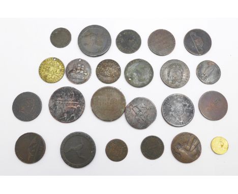 A collection old bronze tokens, etc., including four half-pennies, Lancaster 1792, Leeds 1793, Manchester 1793 and Montrose 1