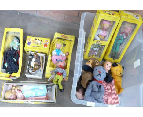 A collection of seven Pelham Puppets, Cinderella, Wicked Witch, Hansel, Tyrolean Girl, Bengo and Junior Range Girl, boxes a/f