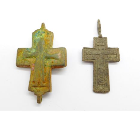 Two bronze Viking crosses, found in Russia, one depicting Christ, largest 39/40mm 