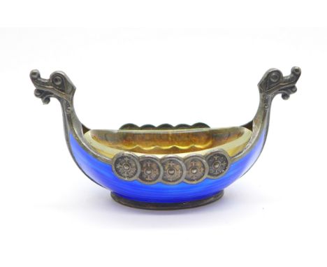 A Norwegian silver and blue enamel Viking ship salt, 8.5cm 