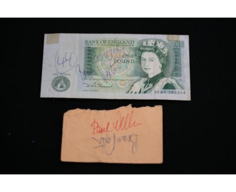 THE JAM - a Bank of England £1 note signed by Paul Weller, Bruce Foxton and Rick Buckler and a ticket stub signed twice by Pa