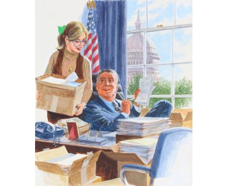 Mel Crawford (Canadian, B. 1925) "Congressman Getting Mail" Original Oil painting on Illustration Board. Provenance: Collecti